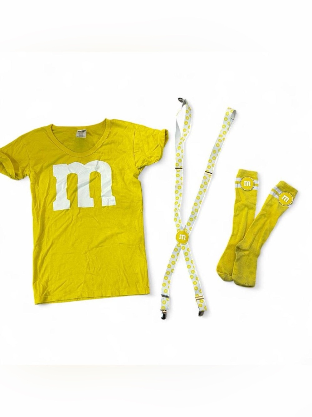 M&M's Yellow Costume Kit Adult Small Spirit Halloween Suspenders Socks Shirt